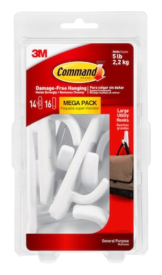 Command Large Utility Hooks Mega Pack, 5 lb., White, 14/Pack (17003-MPES)