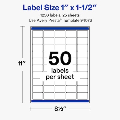 Avery Rectangle Laser/Inkjet Multipurpose Labels, White, 50 Labels/Sheet, 25 Sheets/Pack (19479311271)