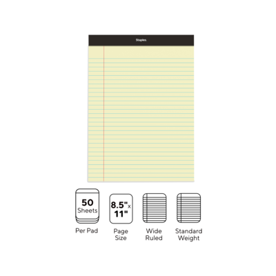 Staples Notepads, 8.5" x 11", Wide Ruled, Canary, 50 Sheets/Pad, Dozen (ST57300)