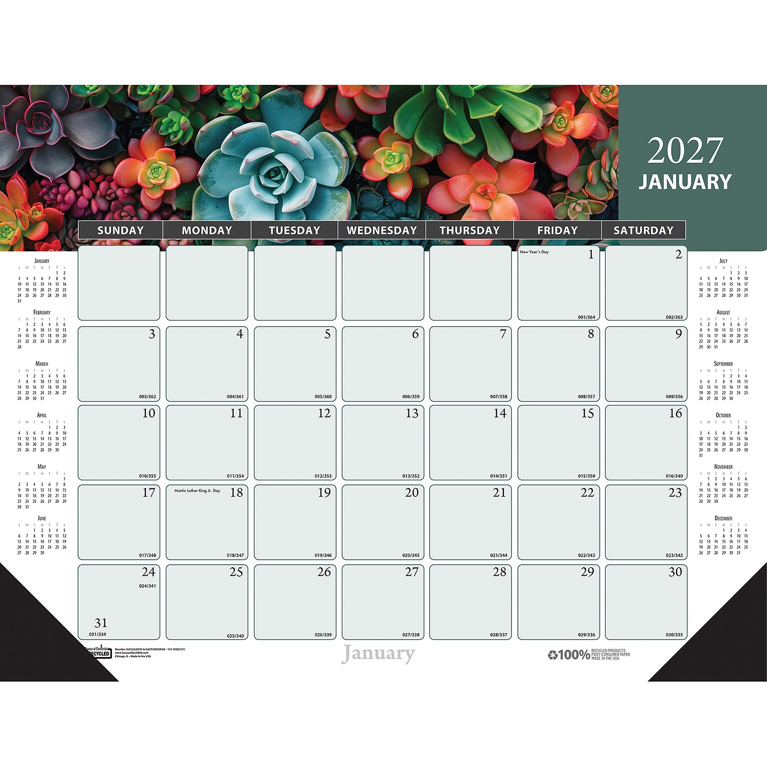 2027 House of Doolittle Succulent & Cacti 22 x 17 Monthly Dry Erase Desk Pad Calendar (121-27)