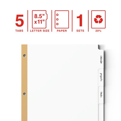 Staples Write & Erase Paper Dividers, White, 5-Tabs (ST63056)