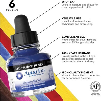 Daler-Rowney Aquafine Watercolor Ink, Assorted Colors, 29.5ml, 7/Set (DRW166100007)