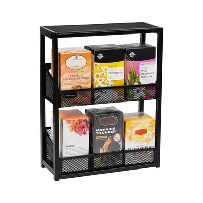 Mind Reader Network Collection 6-Compartment Wire Mesh/MDF Tea Box Organizer, Black/Light Wood (MTEABH-BLK)