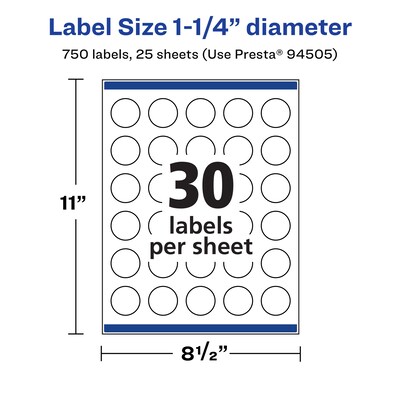 Avery Laser/Inkjet Round Multipurpose Labels, 1.25" Dia, Matte White, 750 Labels/Pack (94505)