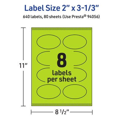 Avery Laser/Inkjet Multipurpose Oval Labels, 2" x 3-1/3", Bright Green, 640/Box (94056)
