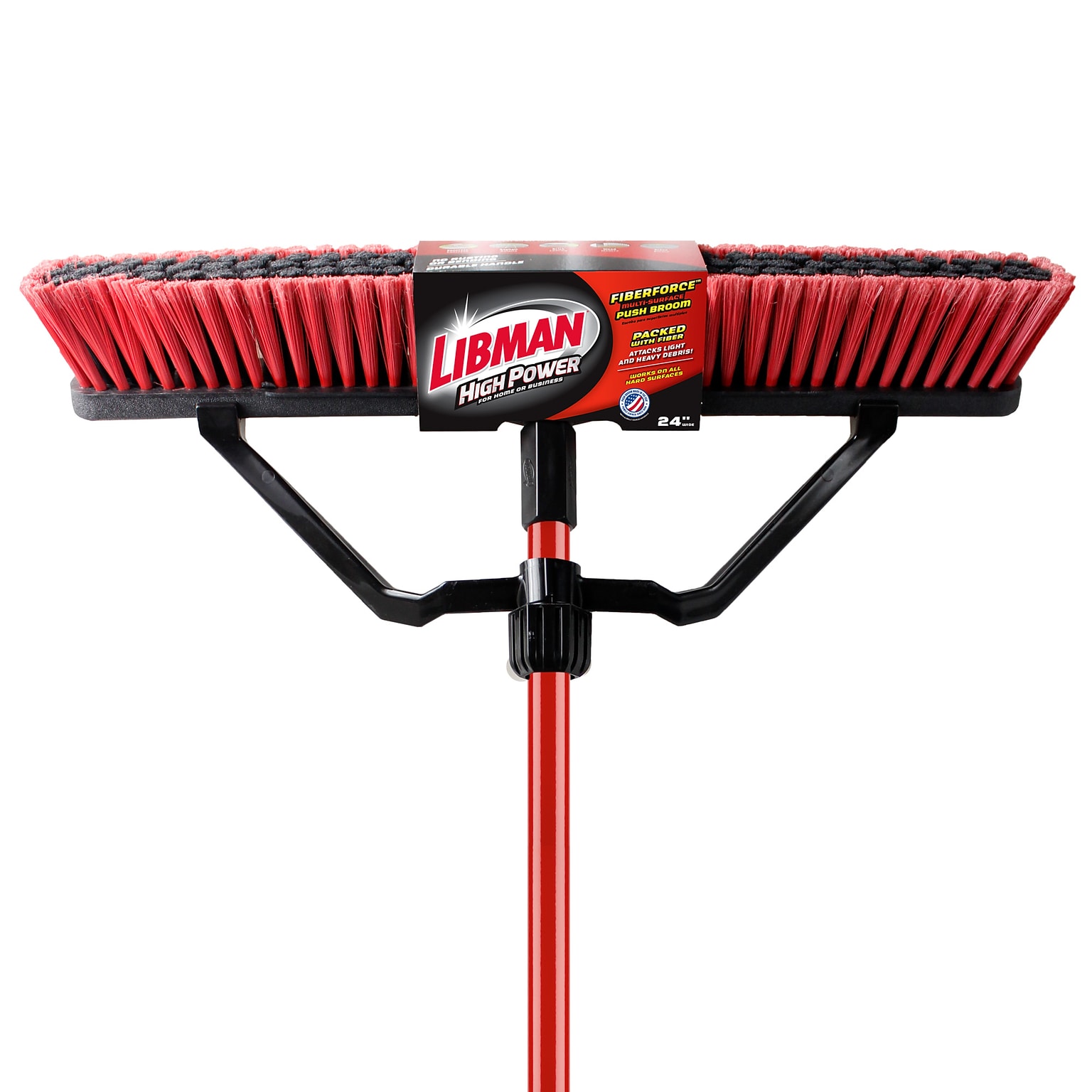 Libman Commercial 24 Multi-Surface Heavy-Duty Push Broom, Red & Black Bristles, 3/Carton (823)