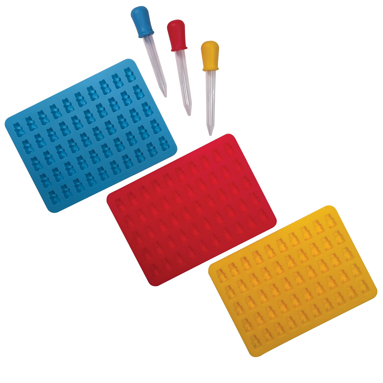 Better Kitchen Products Gummy Bear Molds, 50 Cavity Silicone Molds w/Droppers, 7.5 x 7, Aqua/Red/Yellow, 3/Pack (97018-3PK)