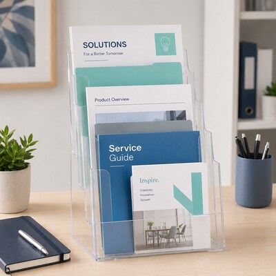 Azar Four-Tier Letter Sized Brochure Holder, 8.5" x 11", Vertical, Table Top, Clear, Plastic (252376)