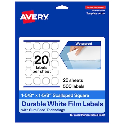Avery Laser/Inkjet Decorative Edge Waterproof Multipurpose Labels, 1.625  x 1.625, White, 500/Pack (94110)