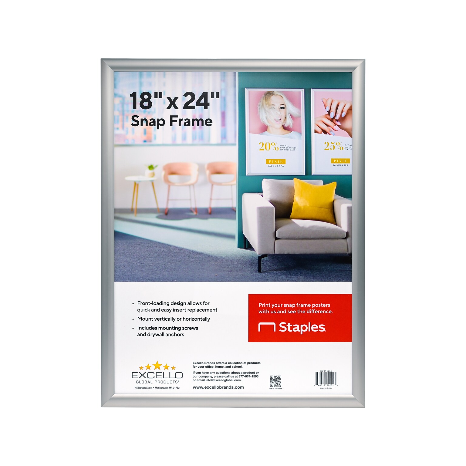Excello Global Products Snap Frame Poster Holder, 24 x 18, Wall Mounted, Silver Aluminum (EGP-SF-1824-S)