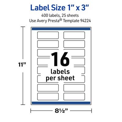 Avery Waterproof Rectangle Laser Multipurpose Labels, 1" x 3", White, 400/Pack (19479399253)