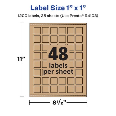 Avery Square Labels, 1" x 1", Kraft Brown, 1,200 Labels/Pack (94103)