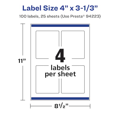 Avery Laser/Inkjet Rectangle Waterproof Multipurpose Labels, 3.3333"  x 4", White, 100/Pack (94223)