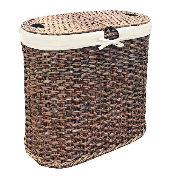 Seville Classics Handwoven Oval Double Laundry Hamper w/ Liner, Mocha (WEB547)