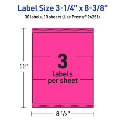 Avery Laser/Inkjet Rectangle Multipurpose Labels, 3-1/4" x 8-3/8", Neon Magenta, 30/Pack (94251)