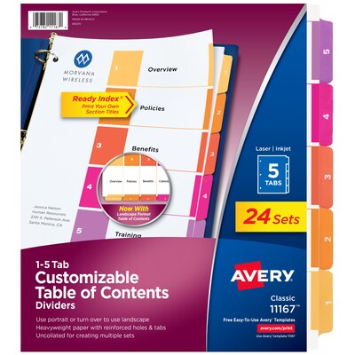 Avery Ready Index Table of Contents Pre-Printed Numeric Paper Divider, 5 Tabs, Multicolor, 24/Box (11167)