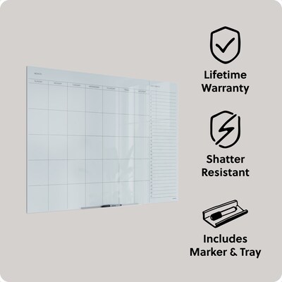 U Brands Floating Glass Dry Erase Calendar Board, Frameless, 47" x 35", White Frosted Surface (2776U00-01)