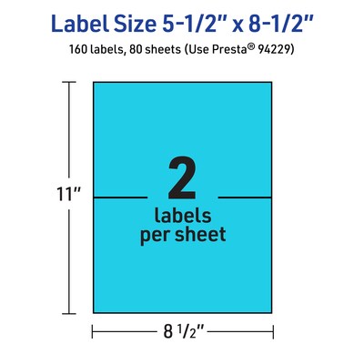Avery Printable Rectangle Multipurpose Labels, 5.5" x 8.5", Bright Blue, 160/Box (94229)