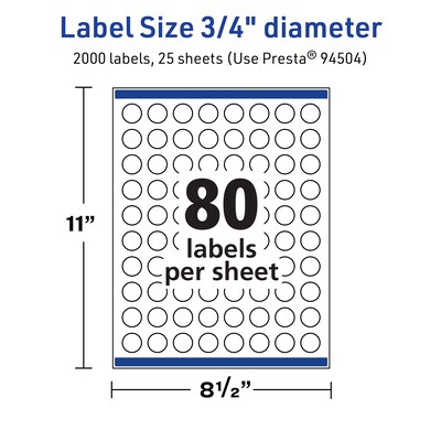 Avery Laser/Inkjet Round Multipurpose Labels, White, 80 Labels/Sheet, 25 Sheets/Pack (94504-TWMP25)