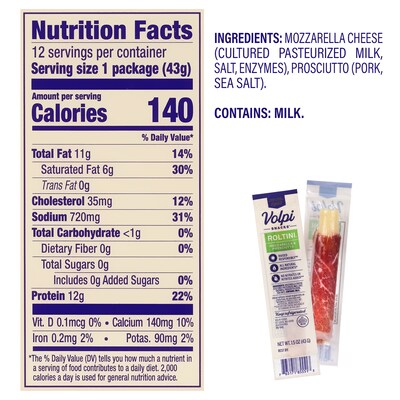 Volpi Roltini Singles, Prosciutto & Mozzarella, 1.5 oz, 24/Pack (220-02484)
