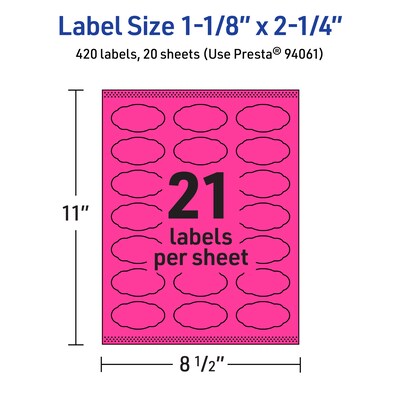 Avery Oval Scalloped Laser/Inkjet Multipurpose Labels, 1-1/8" x 2-1/4", Neon Magenta (420/Pack)