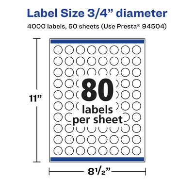 Avery Laser/Inkjet Round Multipurpose Labels, 0.75" Dia, Matte White, 4,000 Labels/Box (94504)