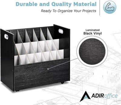 AdirOffice 21-Slot Mobile Roll File, 28.5"H x 30"W x 15.75"D, Black, 2/Pack (625-BLK-2PK)