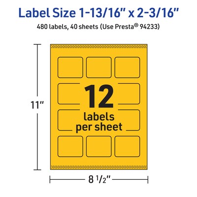 Avery Rectangle Laser/Inkjet Multipurpose Labels, 1-13/16" x 2-3/16", Bright Yellow (480/Box)