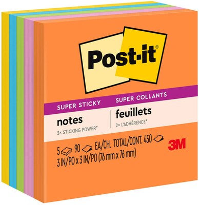 Post-it Super Sticky Notes, 3 x 3, Energy Boost Collection, 90 Sheets/Pad, 5 Pads/Pack (654-5SSUC)