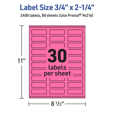 Avery Laser/Inkjet Rectangle Multipurpose Labels, 0.75" x 2.25", Bright Pink, 2400/Box (94216)