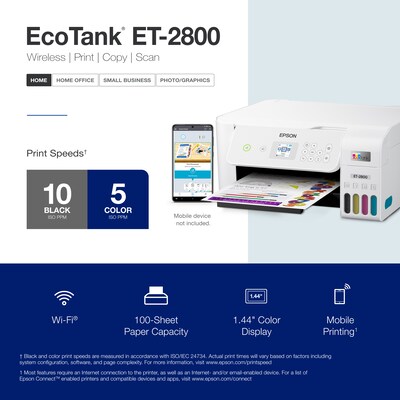 Epson EcoTank ET-2800-W Wireless Color Inkjet Printer, All-In-One Supertank, Print, Scan, Copy (9472539)