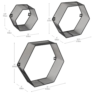 Mind Reader 3-Shelf Metal Honeycomb Hexagon Floating Shelves, Black, 3/Set (WALL3PC-BLK)