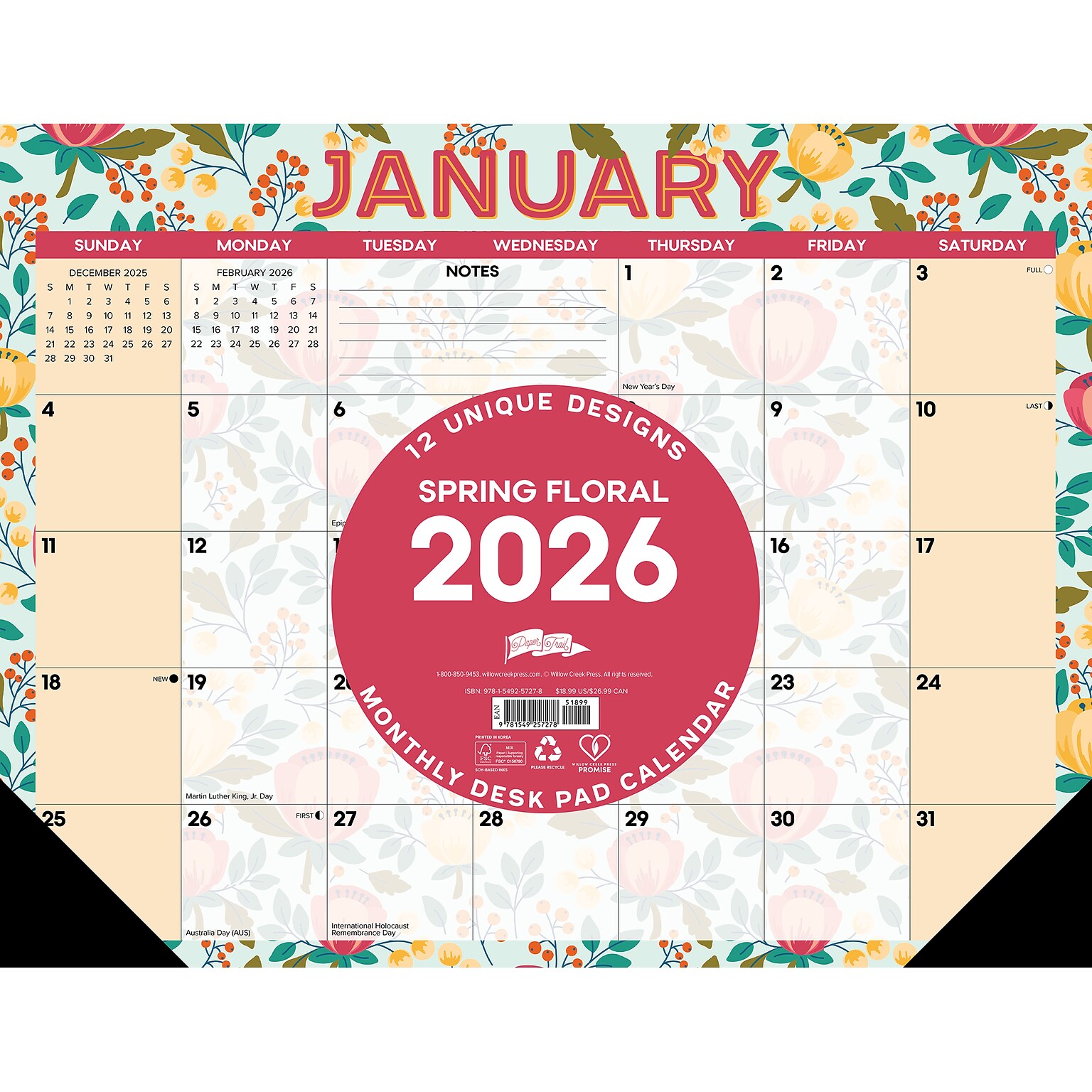 2026 Willow Creek Spring Floral 22 x 17 Monthly Desk Pad Calendar (57278)