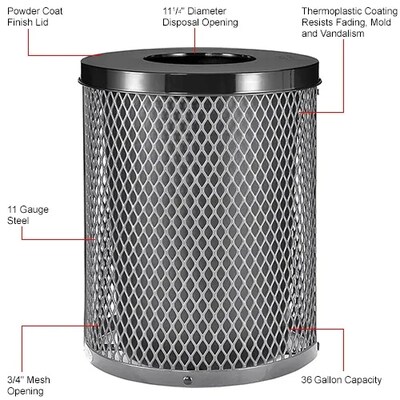 Global Industrial Outdoor Diamond Steel Trash Can w/ Flat Lid, 36 Gallon, Gray (261924GY)