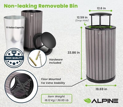 Alpine Industries Steel Outdoor Trash Can with Rain Bonnet Lid, 32 Gallon, Gray (ALP4400-01-GRY-RB)