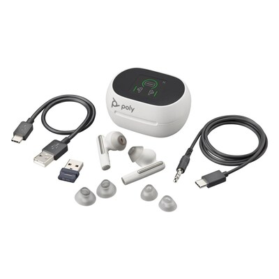 Poly Voyager Free 60+ UC Wireless Noise Cancelling Bluetooth Earbuds, USB-A, MS Certified, White Sand (7Y8G7AA)