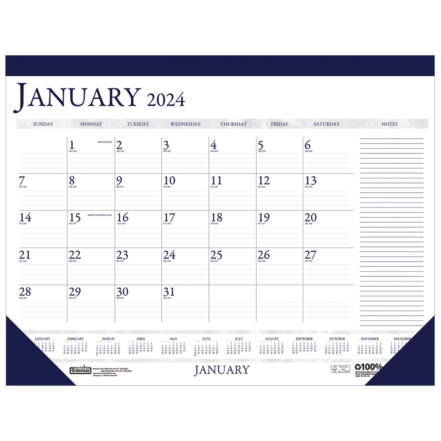 2024 House of Doolittle Compact 18.5 x 13 Monthly Desk Pad Calendar, White/Blue (1646-24)