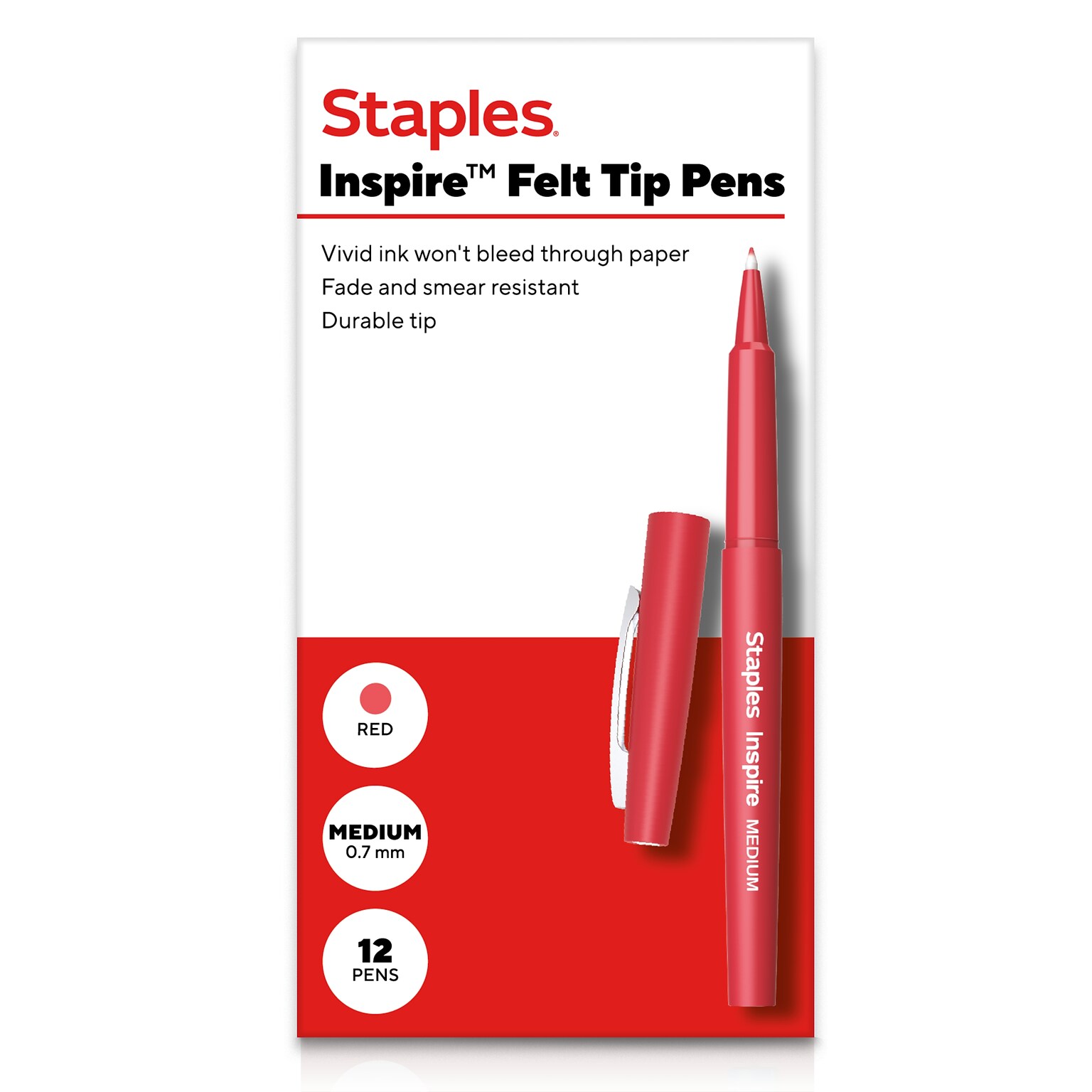 Staples Inspire Felt Tip Pen, Medium Point, 0.7mm, Red Ink, Dozen (ST63328)