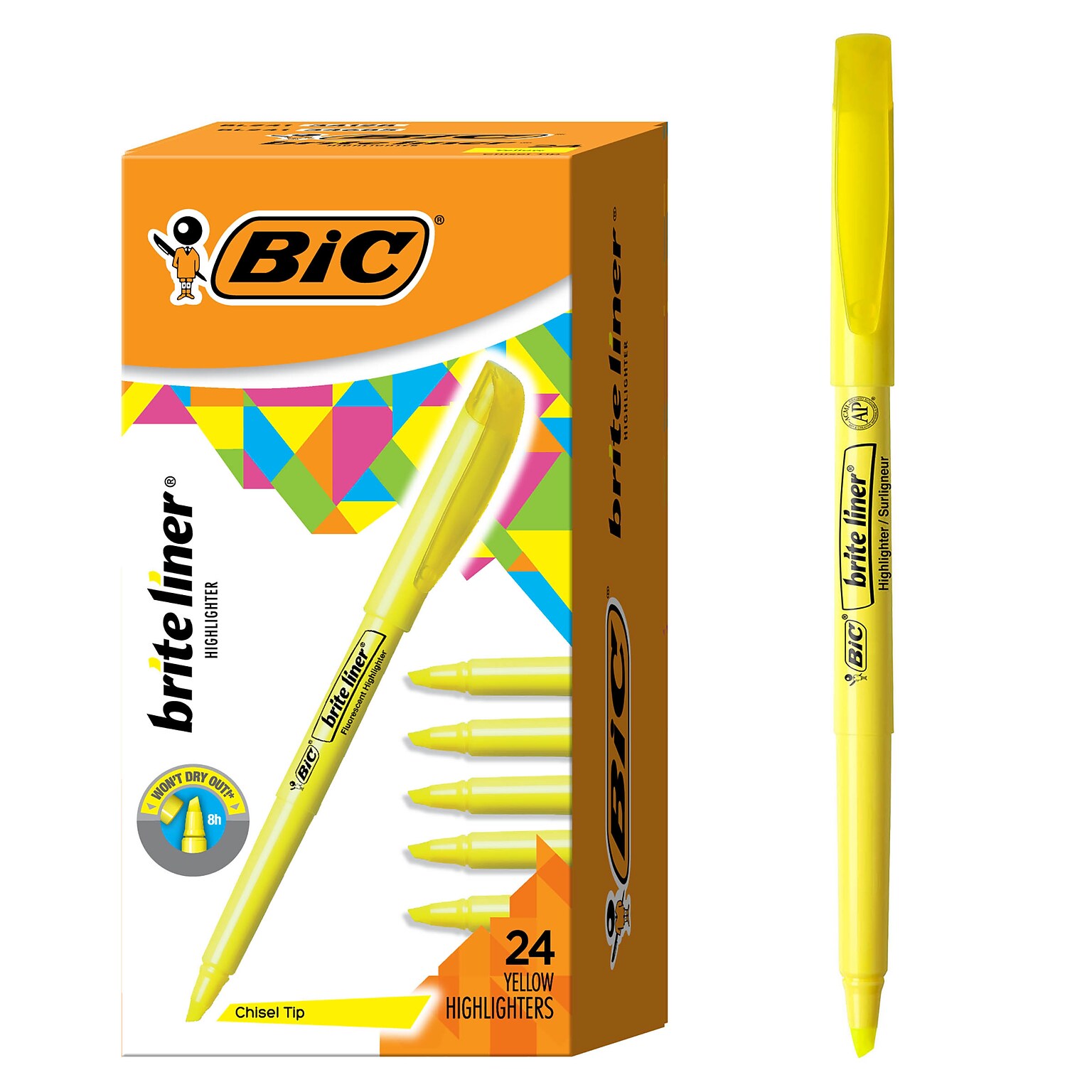BIC Brite Liner Stick Highlighter, Chisel Tip, Yellow, 24/Pack (BL241YEL)