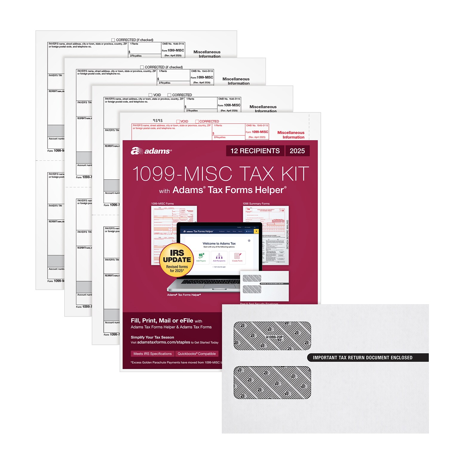 Adams 2025 1099-MISC Tax Forms Kit, 4-Part,  2-Up, A, 1, B & 2, 12/Pack (STAX512MISC-25)