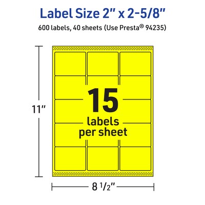 Avery Laser/Inkjet Multipurpose Rectangle Labels, 2" x 2-5/8", Neon Yellow, 600/Pack (94235)