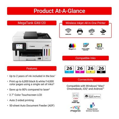 Canon Maxify GX6120 Wireless Color All-In-One Supertank Inkjet Printer, Best for Home Office (6882C0