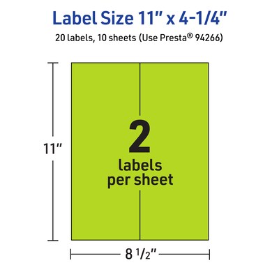 Avery Laser/Inkjet Multipurpose Rectangle Labels, 11" x 4.25", Bright Green, 20/Pack (94266)