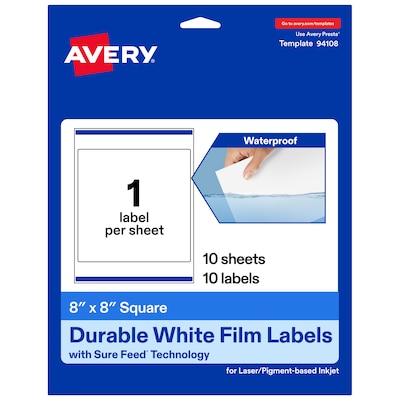 Avery Laser/Inkjet Square Waterproof Multipurpose Labels, 8  x 8, White, 10/Pack (94108)