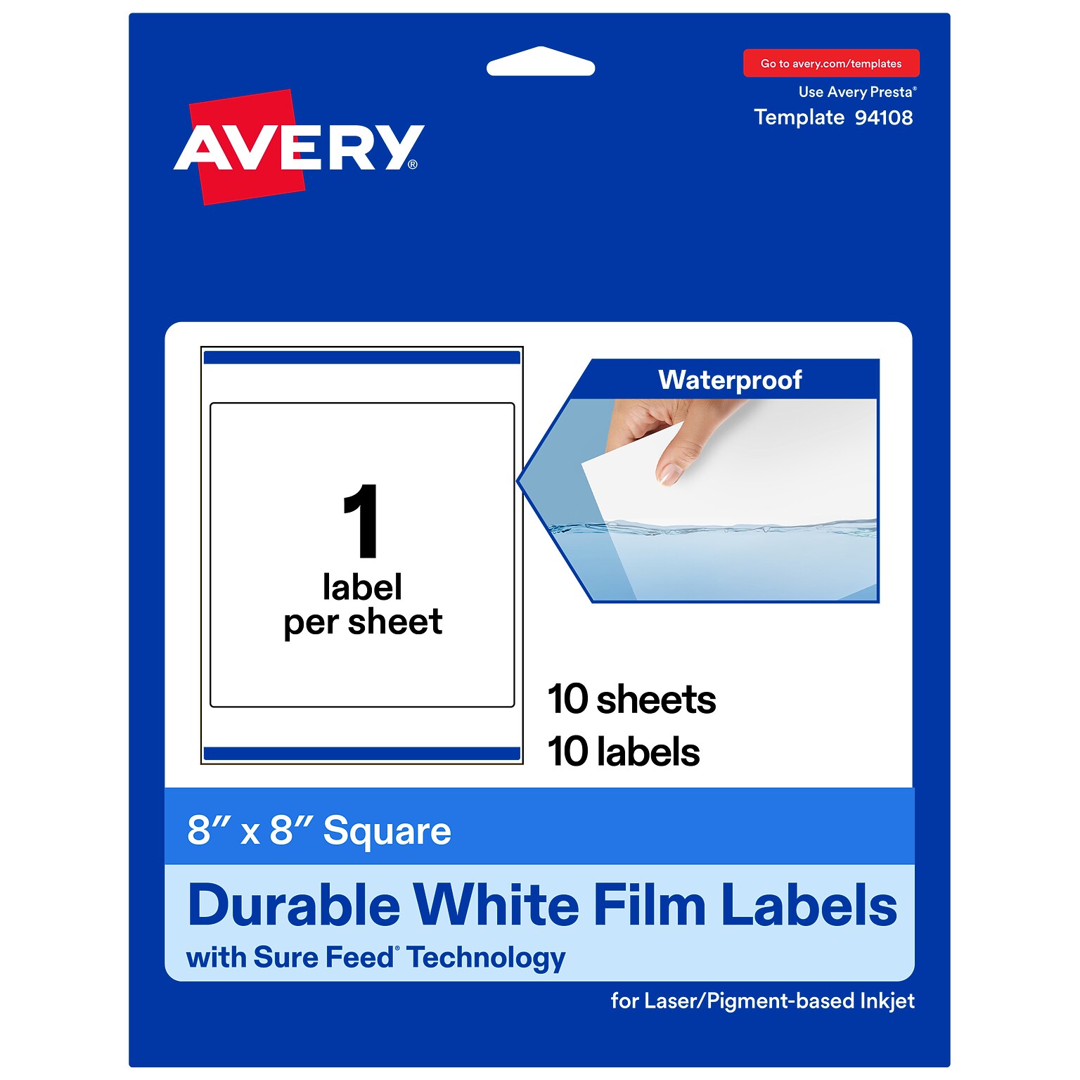Avery Laser/Inkjet Square Waterproof Multipurpose Labels, 8  x 8, White, 10/Pack (94108)