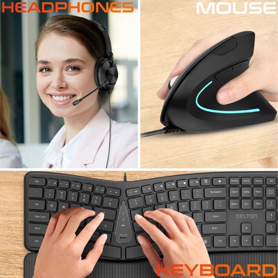 Delton E250 Wired Ergonomic Keyboard, Mouse & Headset Combo, Black (DKBE250BD1)