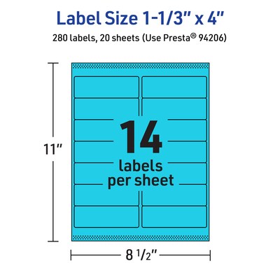 Avery Printable Rectangle Multipurpose Labels, 1-1/3" x 4", Bright Blue, 280/Pack (94206)