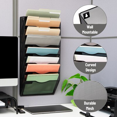 Mind Reader Wall File Organizer, 8-Pocket Hanging Document Rack, Office Wall Mount, Metal, Black (MAG8C-BLK)