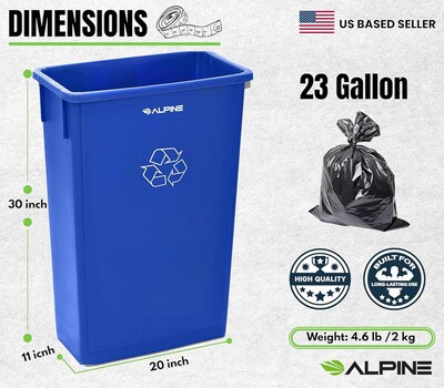 Alpine Industries Polypropylene Recycling Bin and Dolly, 23 Gallon, Blue (ALP477-R-BLU-PKD)