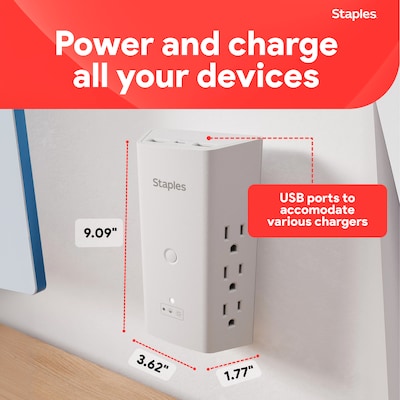 Staples TECH 6-Outlet 3-USB Port Surge Protector, 1200 Joules, White (ST62778)